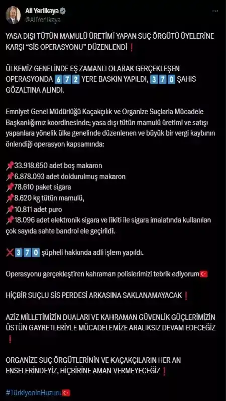 Emniyet'ten 'Sis Operasyonu': 672 adrese baskın, 370 gözaltı