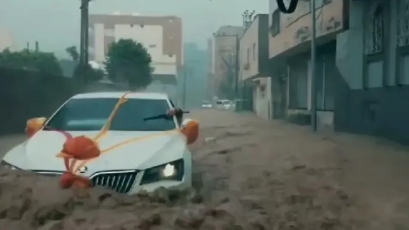 Cizre'de gelin arabası sel sularının ortasında kaldı